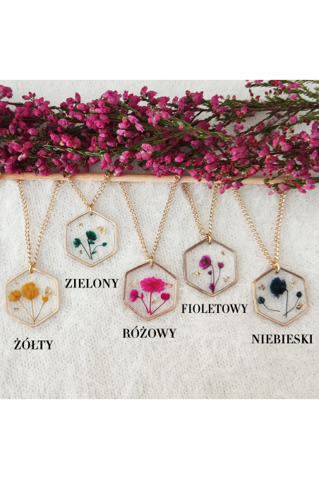 naszyjnik heksagon kwiaty w żywicy